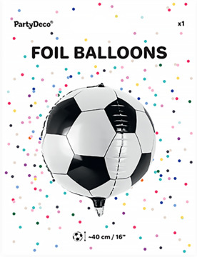 Balon foliowy PartyDeco w kształcie piłki nożnej, biało-czarny, widok z przodu, na tle z konfetti.