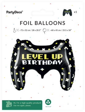 Balon foliowy PartyDeco, czarny gamepad z napisem "Level Up Birthday" i symbolami gier, w opakowaniu.