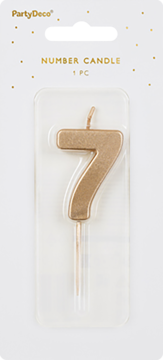 Elegancka złota świeczka urodzinowa PartyDeco, cyfra 7 w blistrze z napisem 'NUMBER CANDLE 1 PC'.
