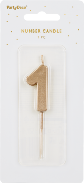 Złota świeczka urodzinowa PartyDeco w kształcie cyfry 1, zapakowana, widok z przodu. Wysokość 4,5 cm.