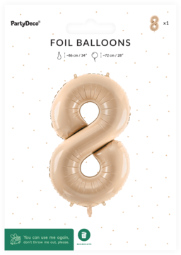 Balon foliowy PartyDeco w kształcie pastelowej beżowej cyfry 8, zapakowany, widok z przodu.