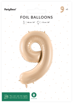 Balon foliowy w kształcie cyfry 9, beżowy, w przezroczystym opakowaniu detalicznym PartyDeco, widok z przodu.
