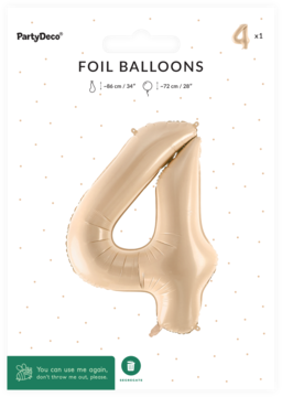 Balon foliowy cyfra 4 pastelowy beż, 86cm, zapakowany w blister PartyDeco. Frontalny widok produktu.