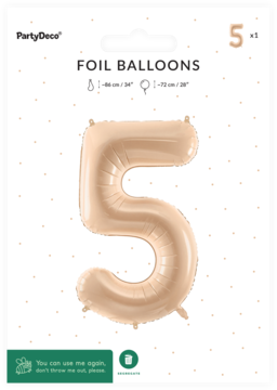 Balon foliowy cyfra 5 w pastelowym beżu, w przezroczystym opakowaniu z czarnym tłem PartyDeco, widok z przodu.