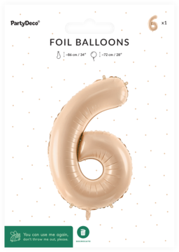 Balon foliowy PartyDeco cyfra 6, pastelowy beżowo-złoty, w czarno-białym opakowaniu.