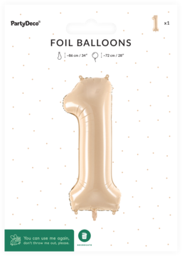 Balon foliowy cyfra 1 w pastelowym beżowym kolorze, 86 cm, w przezroczystym opakowaniu PartyDeco, widok z przodu.
