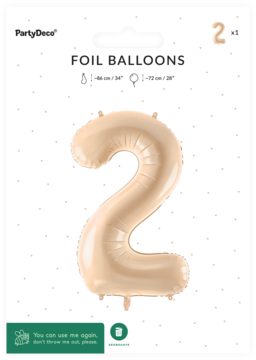 Pastelowy beżowy balon foliowy PartyDeco w kształcie cyfry 2 na białym opakowaniu. Widok z przodu.
