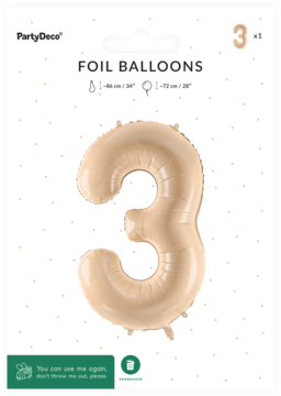 Foliowy balon cyfra 3 w pastelowym beżu, w opakowaniu z czarnym nagłówkiem PartyDeco, widok z przodu.
