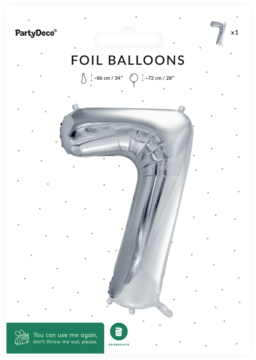 Srebrny balon foliowy w kształcie cyfry 7, metaliczny, widoczny przez okno czarnego opakowania PartyDeco.
