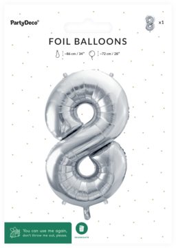 Srebrny balon foliowy cyfra 8 z metalicznym połyskiem, w przezroczystym opakowaniu PartyDeco, widok z przodu.