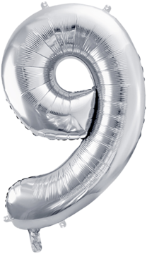 Srebrny balon foliowy cyfra 9 z metalicznym połyskiem, idealny na urodziny i jubileusze, widok z przodu.