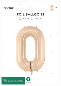 Balon foliowy PartyDeco, cyfra 0 w pastelowym beżu, w oryginalnym opakowaniu, widok z przodu.