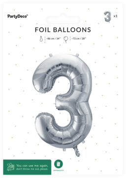 Srebrny metaliczny balon foliowy w kształcie cyfry 3, widoczny przez opakowanie PartyDeco, na biało-złotym tle.