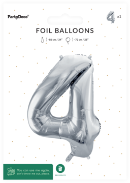 Srebrny balon foliowy w kształcie cyfry 4 w opakowaniu, widok z przodu. Metalizowany połysk, idealny na urodziny.
