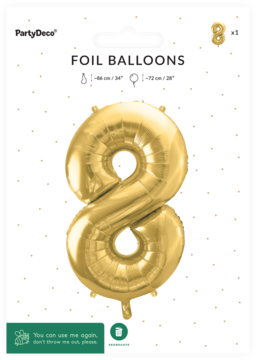 Złoty satynowy balon foliowy cyfra 8, w przezroczystym opakowaniu, widok z przodu.