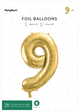 Złoty balon foliowy PartyDeco, cyfra 9, w opakowaniu. Widok z przodu, satynowe wykończenie, 86cm.