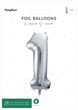 Srebrny balon foliowy PartyDeco cyfra 1 z metalicznym połyskiem, w białym opakowaniu detalicznym.