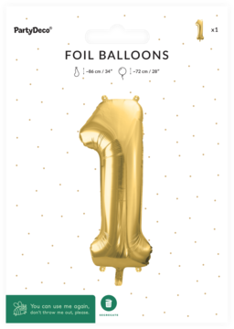 Jasnozłoty balon foliowy cyfra 1, satynowy, duży. W opakowaniu PartyDeco, widok z przodu.