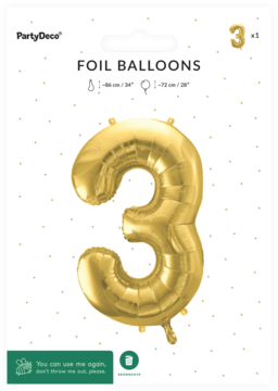 Duży złoty balon foliowy cyfra 3 satynowy, w opakowaniu PartyDeco, widok z przodu.