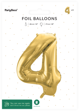 Złoty balon foliowy cyfra 4 w opakowaniu PartyDeco, satynowy, widok z przodu. Idealny na urodziny.