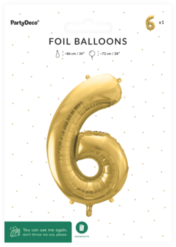 Duży, jasnozłoty balon foliowy cyfra 6, satynowe wykończenie, widoczny na białym opakowaniu PartyDeco.