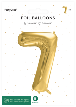 Duży złoty balon foliowy cyfra 7 PartyDeco, satynowy, w przezroczystym opakowaniu, widok z przodu.