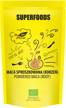 Bio Planet maca w proszku, żółte opakowanie z napisem SUPERFOODS i korzeniem macy, widok z przodu.