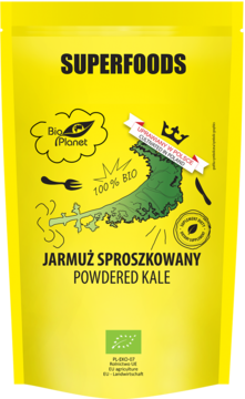 Żółta torebka BioPlanet SUPERFOODS Jarmuż Sproszkowany, Powdered Kale, z zieloną mapą Polski, widok z przodu.