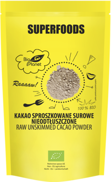 Żółta, stojąca torebka Bio Planet z surowym, nieodtłuszczonym kakao, widok z przodu z grafiką.