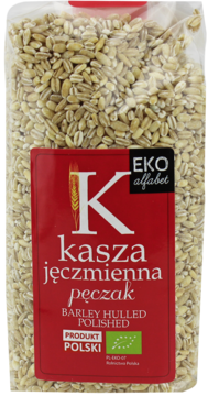Przezroczysta torba z ekologiczną kaszą jęczmienną pęczak EKO Alfabet, ziarna jasne, polerowane, widok z przodu.