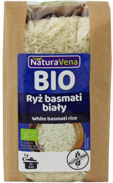 Przezroczyste opakowanie ryżu basmati NaturaVena BIO, białe ziarna, niebieska etykieta "Gluten-Free", widok z przodu.