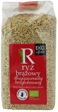 Transparentna paczka brązowego ryżu długoziarnistego Eko Alfabet, bezglutenowy, z czerwoną etykietą, widok z przodu.