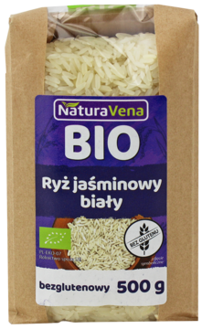 Opakowanie ryżu jaśminowego białego NaturaVena BIO 500g, bezglutenowy, brązowa torebka z fioletową etykietą.