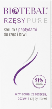 Białe opakowanie serum Biotebal Rzęsy Pure z peptydami, widok z przodu. Fioletowe napisy i grafika, 91% wzmocnienia rzęs.