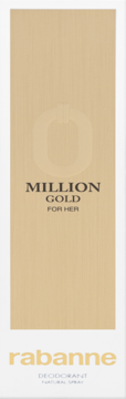 Przednie ujęcie złotego dezodorantu Rabanne Million Gold For Her, z czarnymi napisami i logo rabanne.