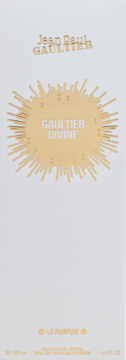 Białe pudełko perfum Jean Paul Gaultier Divine Le Parfum refill 200 ml, ze złotym słońcem i napisami.