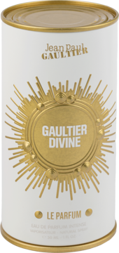 Biała puszka damskiej wody perfumowanej Jean Paul Gaultier Divine Le Parfum ze złotym słońcem, widok z przodu.