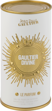 Biała puszka damskiej wody perfumowanej Jean Paul Gaultier Divine Le Parfum ze złotym słońcem, widok z przodu.