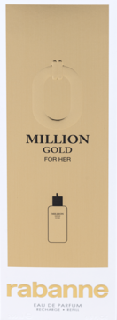 Złote opakowanie Rabanne Million Gold For Her Eau de Parfum Refill, z reliefowym 0 i konturem butelki, widok z przodu.