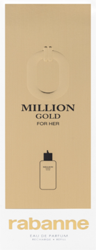 Złoty karton Rabanne Million Gold For Her Eau de Parfum Refill z dużym "0", nazwą i szkicem flakonu, widok z przodu.