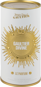 Biała, cylindryczna puszka Jean Paul Gaultier Divine Le Parfum ze złotym słońcem i nazwą, widok z przodu.