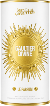 Jean Paul Gaultier Divine Le Parfum, damska woda perfumowana w białym flakonie ze złotym słońcem i napisem, widok z przodu.