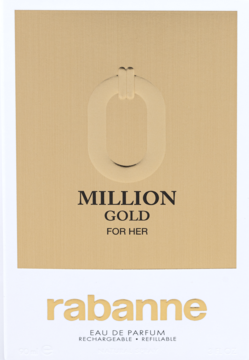 Złote, teksturowane pudełko Rabanne Million Gold For Her, EDP refillable, z ozdobnym ogniwem, widok z przodu.