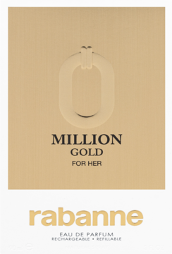 Złote pudełko Rabanne Million Gold For Her woda perfumowana. Białe paski, symbol ogniwa łańcucha, logo. Widok z przodu.