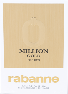 Rabanne Million Gold For Her damska EDP, złote opakowanie z logo '0' i napisem rabanne, widok z przodu.