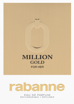 Rabanne Million Gold For Her woda perfumowana, złote opakowanie z reliefowym zerem i napisem, widok z przodu.