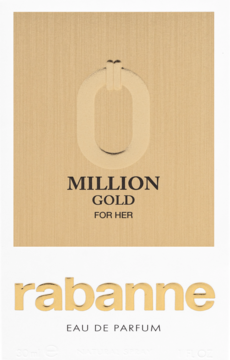 Złote pudełko Rabanne Million Gold For Her, woda perfumowana. Metaliczne tło, symbol '0' i napisy, widok z przodu.