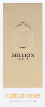 Front eleganckiego opakowania Rabanne Million Gold Intense EDP, złote, z napisem MILLION GOLD i wypukłą 0.
