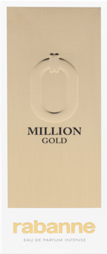 Złote opakowanie Rabanne Million Gold Eau de Parfum Intense, z wytłoczonym symbolem 0 i napisem MILLION GOLD.