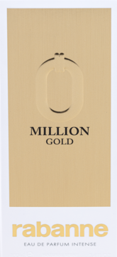 Złote, prostokątne opakowanie perfum Rabanne Million Gold Intense, front, z wytłoczoną cyfrą 0 i nazwą.